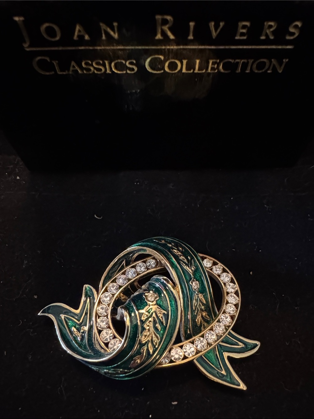 Joan Rivers Green Enamel Ribbon Brooch with Clear Rhinestones